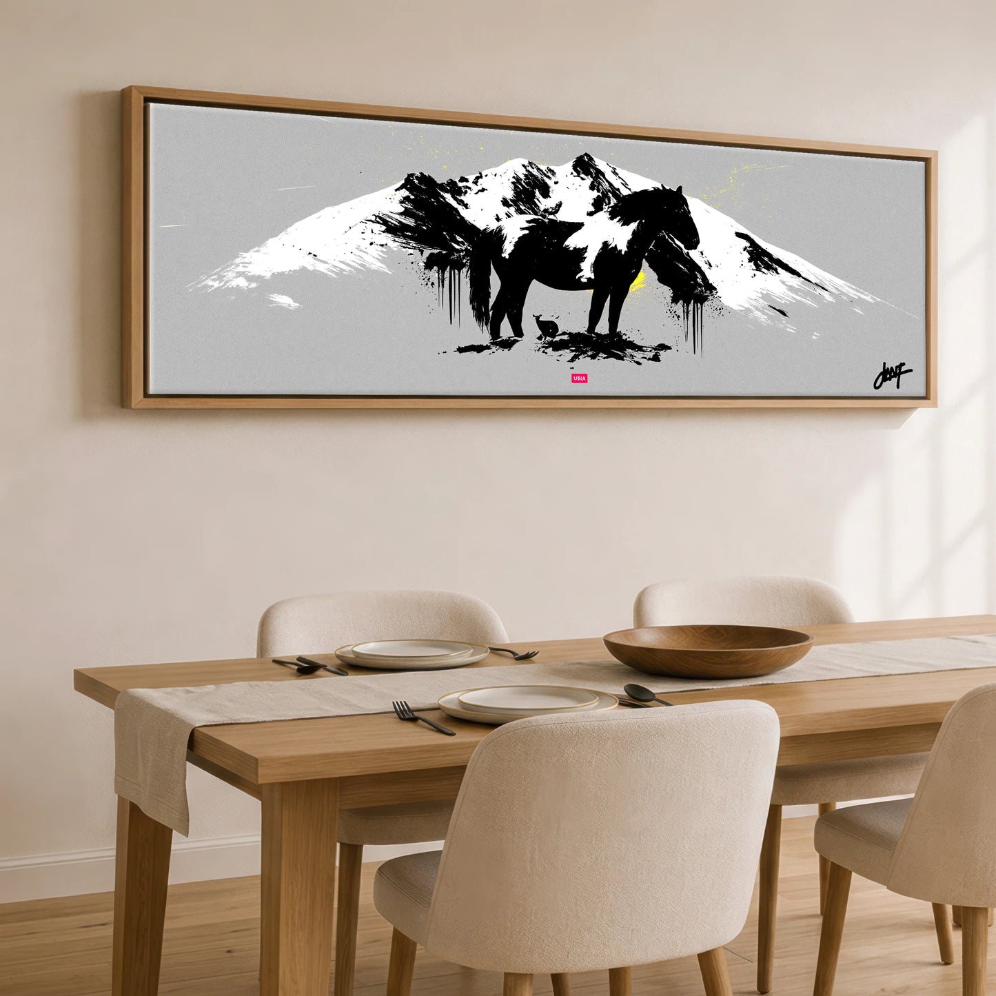 Bold Alpine Silhouette Horse Landscape panoramic canvas wall art displayed above a dining table