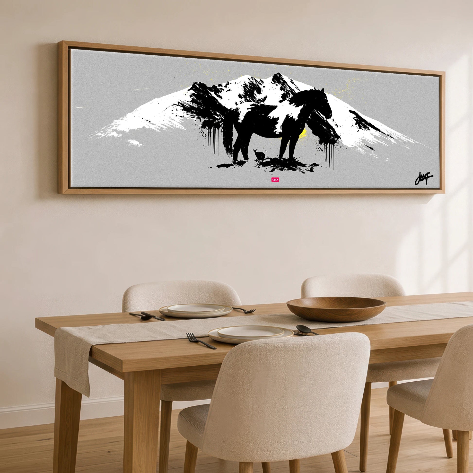 Bold Alpine Silhouette Horse Landscape panoramic canvas wall art displayed above a dining table
