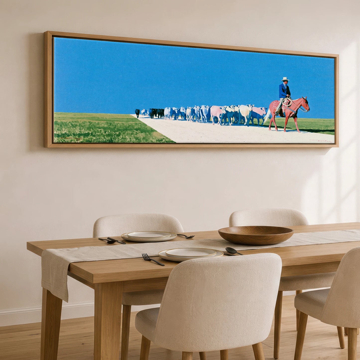 The Long Trail Western Horse panoramic canvas wall art displayed above a dining table