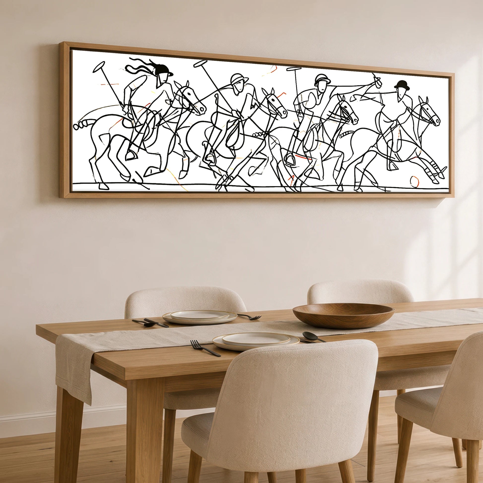 The Line of Play Polo Horse panoramic canvas wall art displayed above a dining table