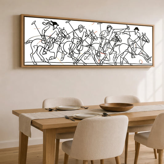 The Line of Play Polo Horse panoramic canvas wall art displayed above a dining table