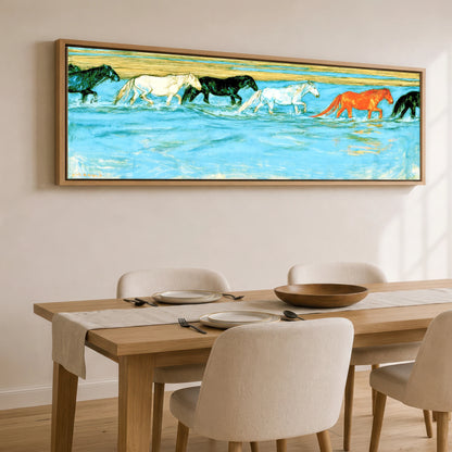 Painted Herd in Azure Horse Landscape panoramic canvas wall art displayed above a dining table