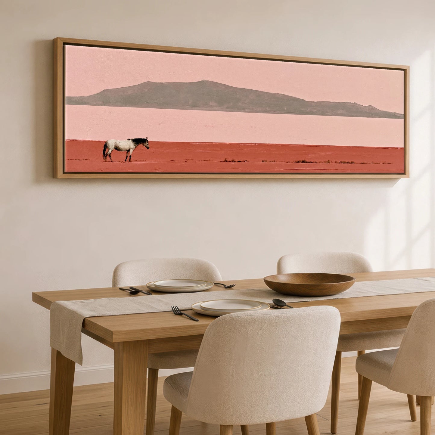 Terracotta Horizon Horse Landscape panoramic canvas wall art displayed above a dining table