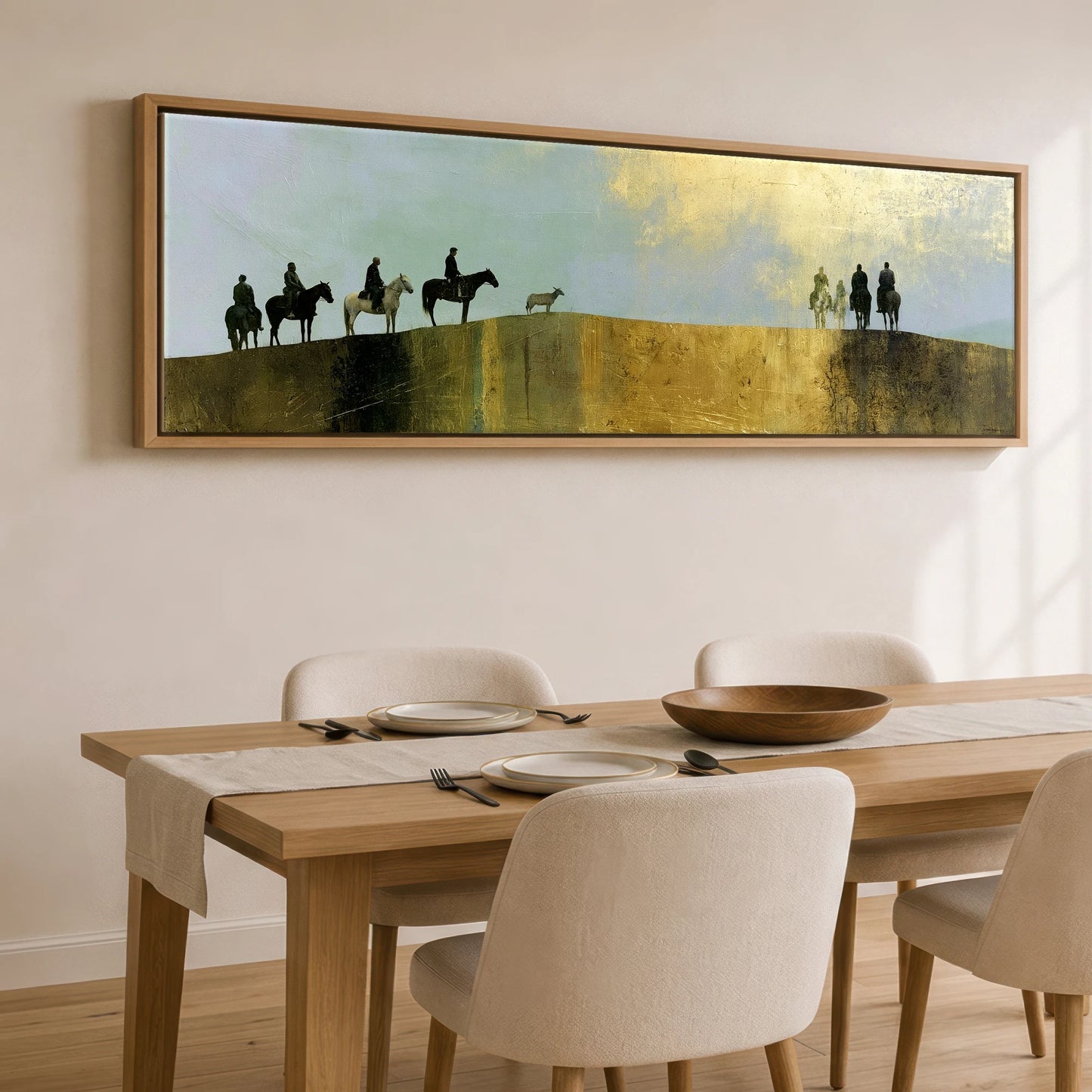 The Golden Ridge Horse & Rider panoramic canvas wall art displayed above a dining table