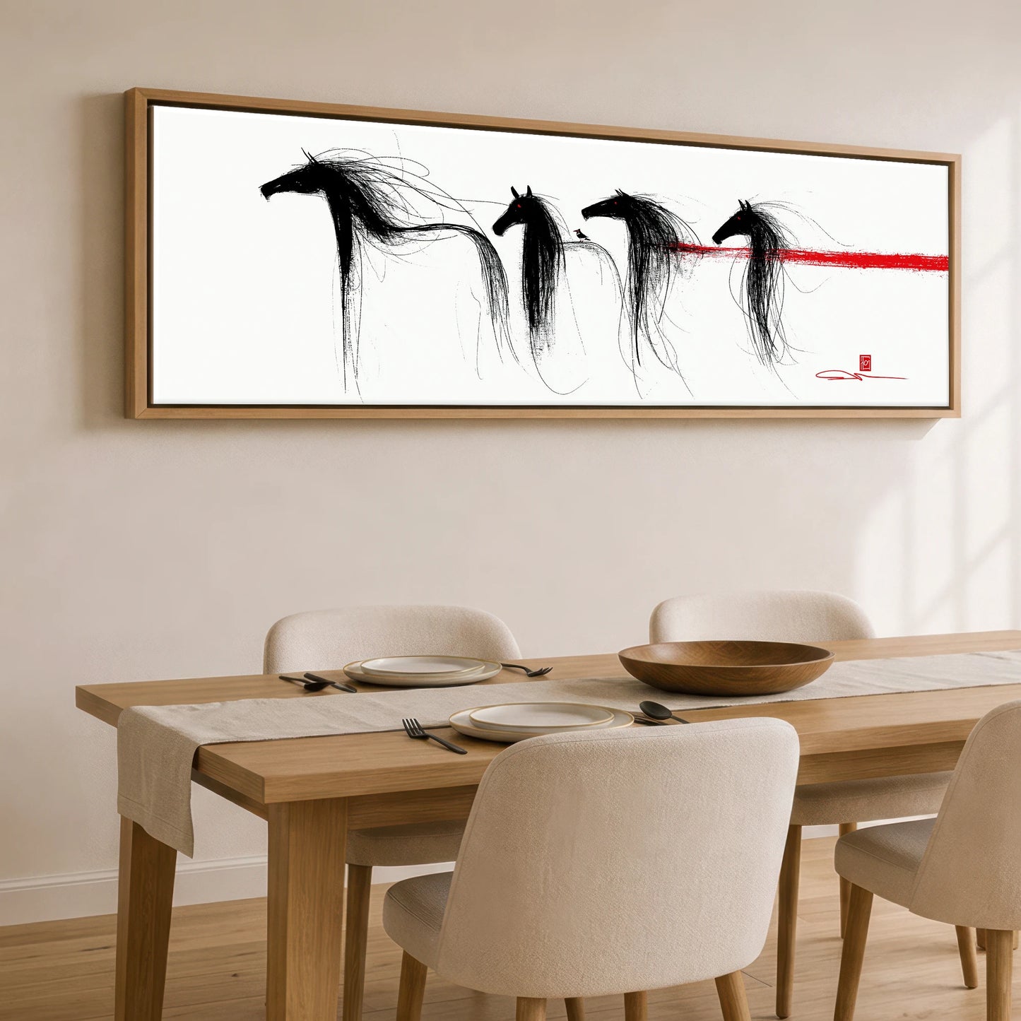 Crimson Streak Equines Wild Horses panoramic canvas wall art displayed above a dining table
