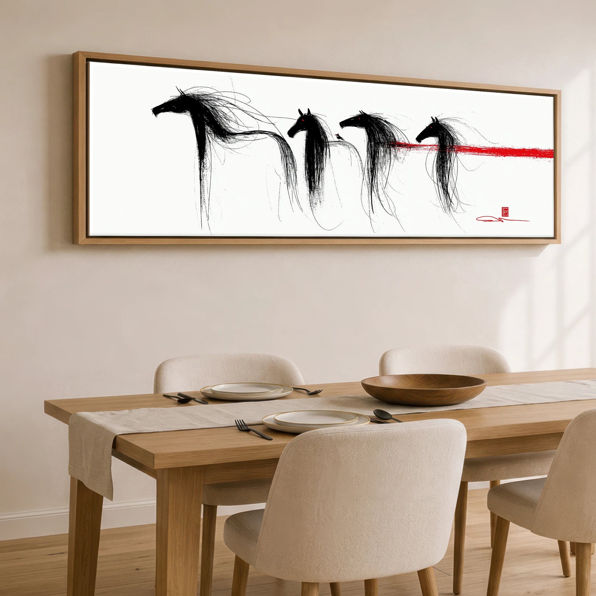 Crimson Streak Equines Wild Horses panoramic canvas wall art displayed above a dining table