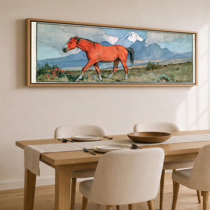 Mountain Wanderer Horse Landscape panoramic canvas wall art displayed above a dining table