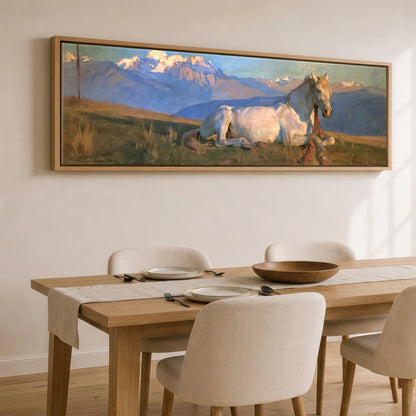 Alpine Slumber Horse Landscape panoramic canvas wall art displayed above a dining table