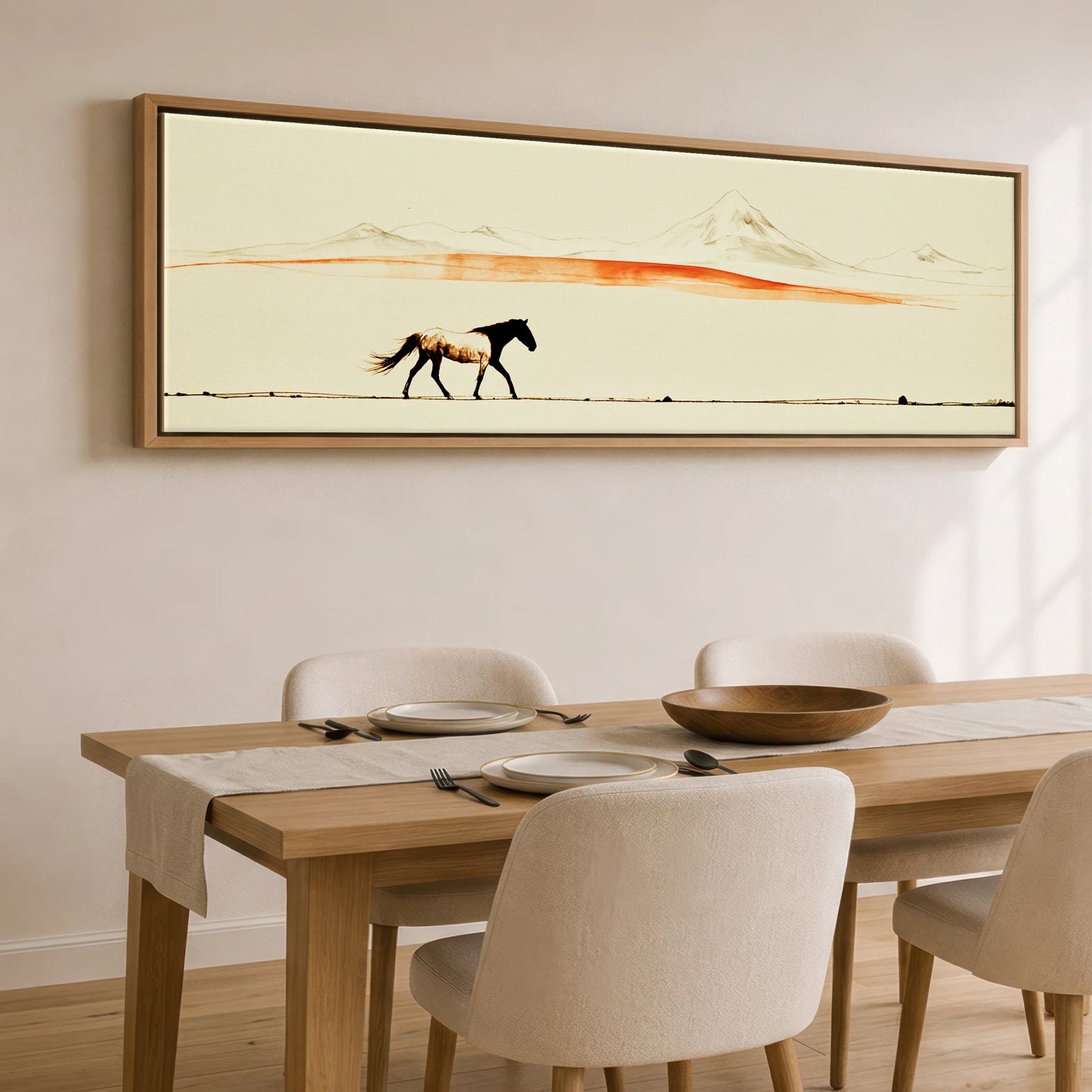 The Amber Horizon Horse Landscape panoramic canvas wall art displayed above a dining table