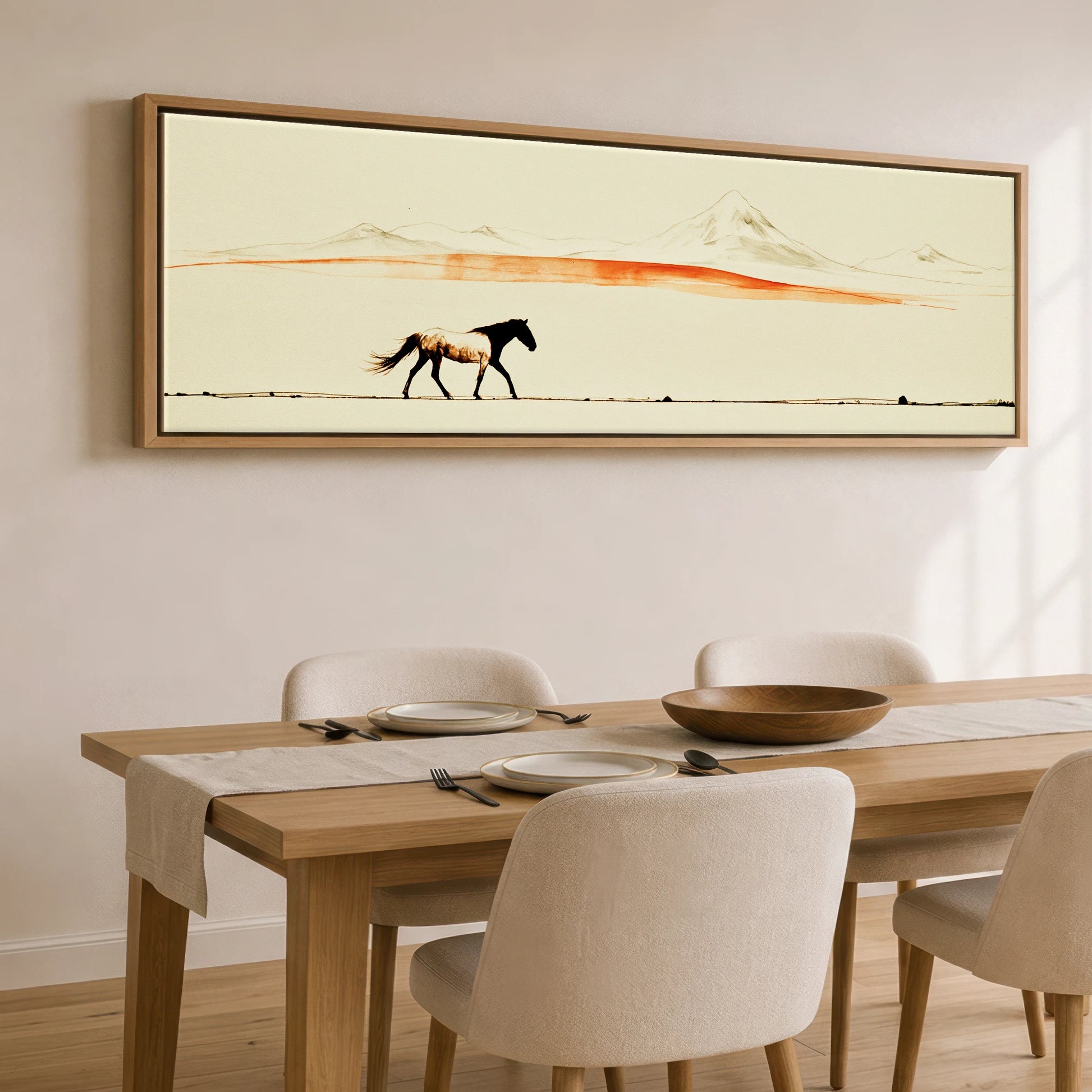 The Amber Horizon Horse Landscape panoramic canvas wall art displayed above a dining table
