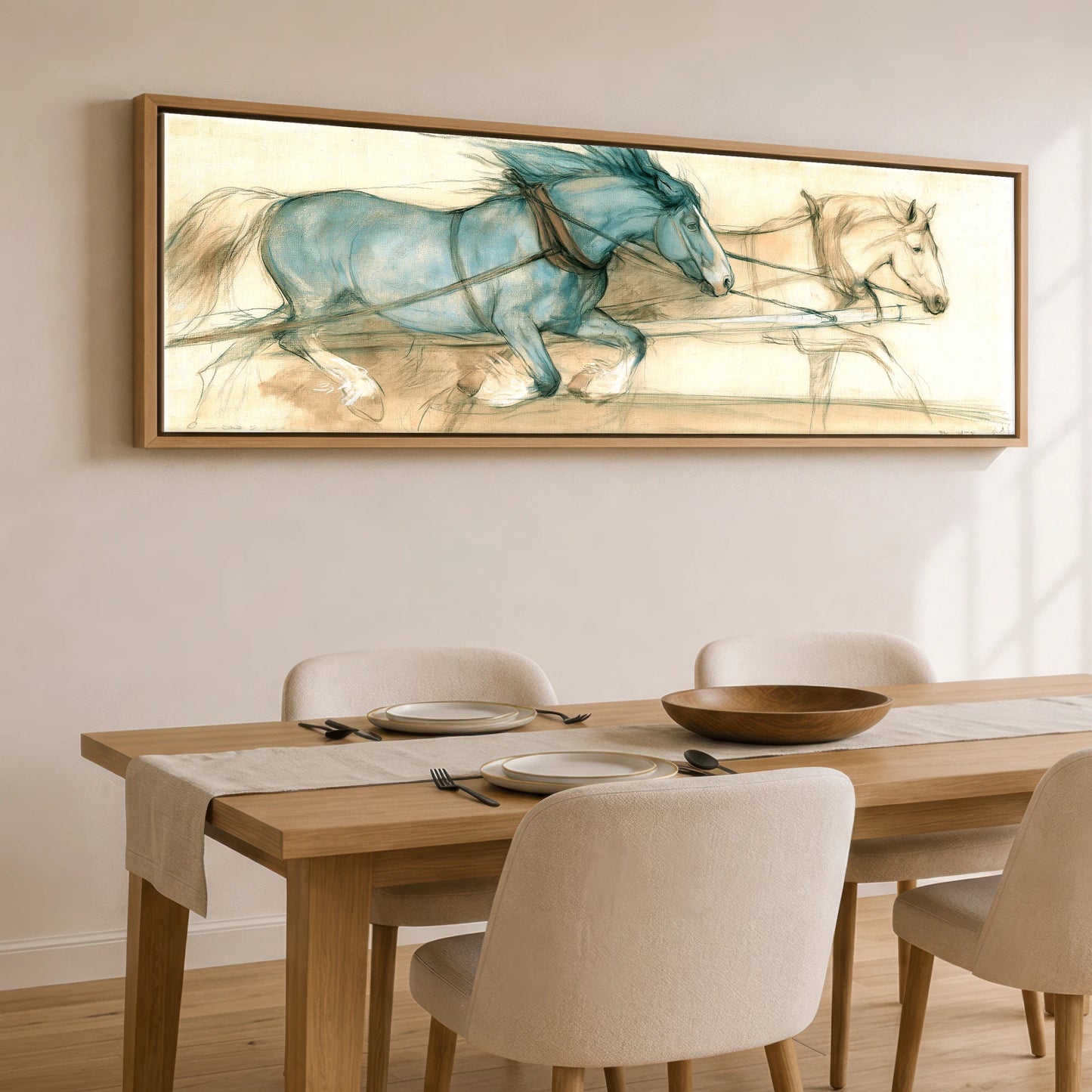 The Blue Draught Team Working Horse panoramic canvas wall art displayed above a dining table