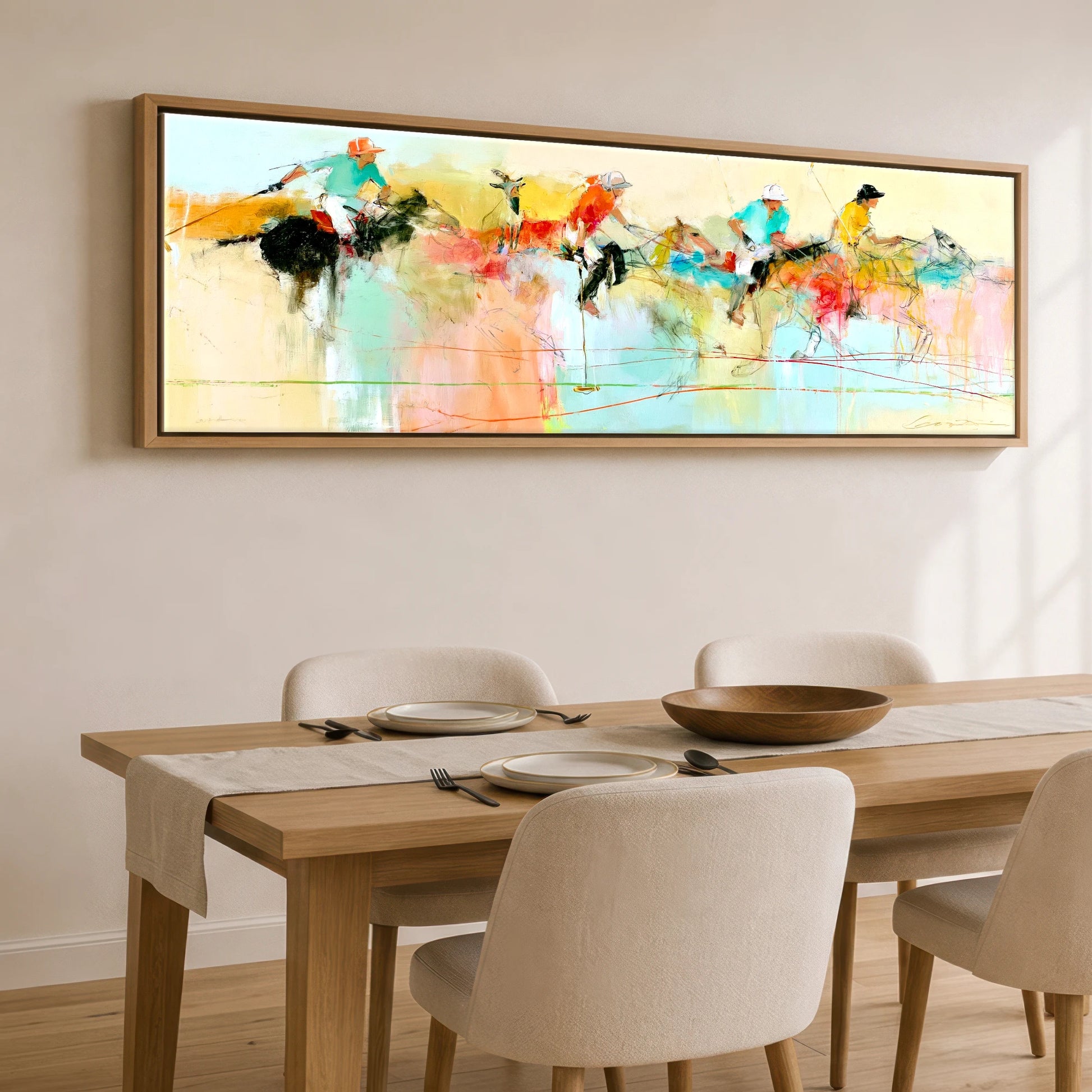 Vibrant Polo Pursuit Polo Horse panoramic canvas wall art displayed above a dining table