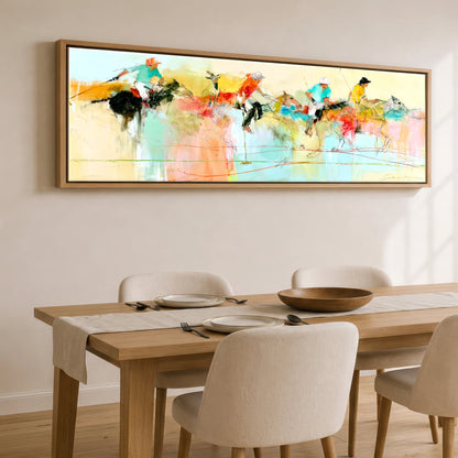 Vibrant Polo Pursuit Polo Horse panoramic canvas wall art displayed above a dining table