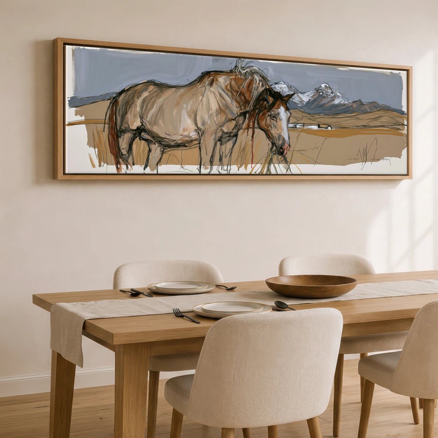 Grazing Below the Peaks Horse Landscape panoramic canvas wall art displayed above a dining table