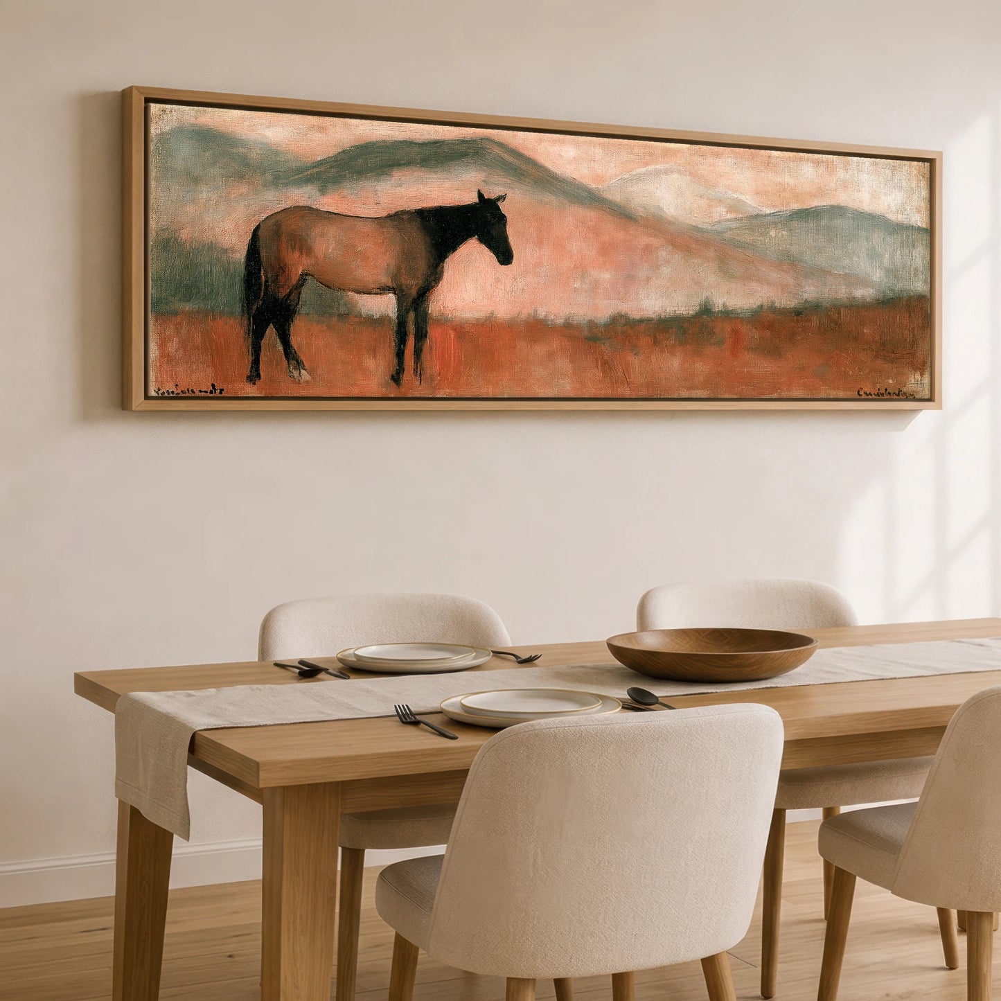 Terracotta Horizon Horse Landscape panoramic canvas wall art displayed above a dining table
