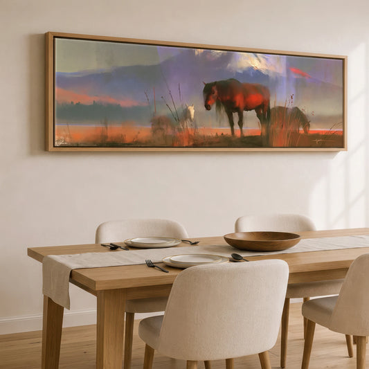 Violet Horizons Horse Landscape panoramic canvas wall art displayed above a dining table