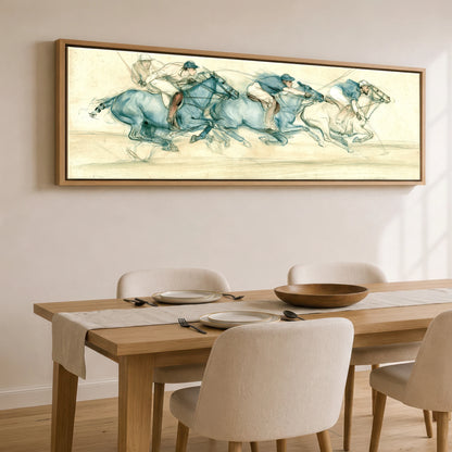 The Blue Chukka Polo Horse panoramic canvas wall art displayed above a dining table