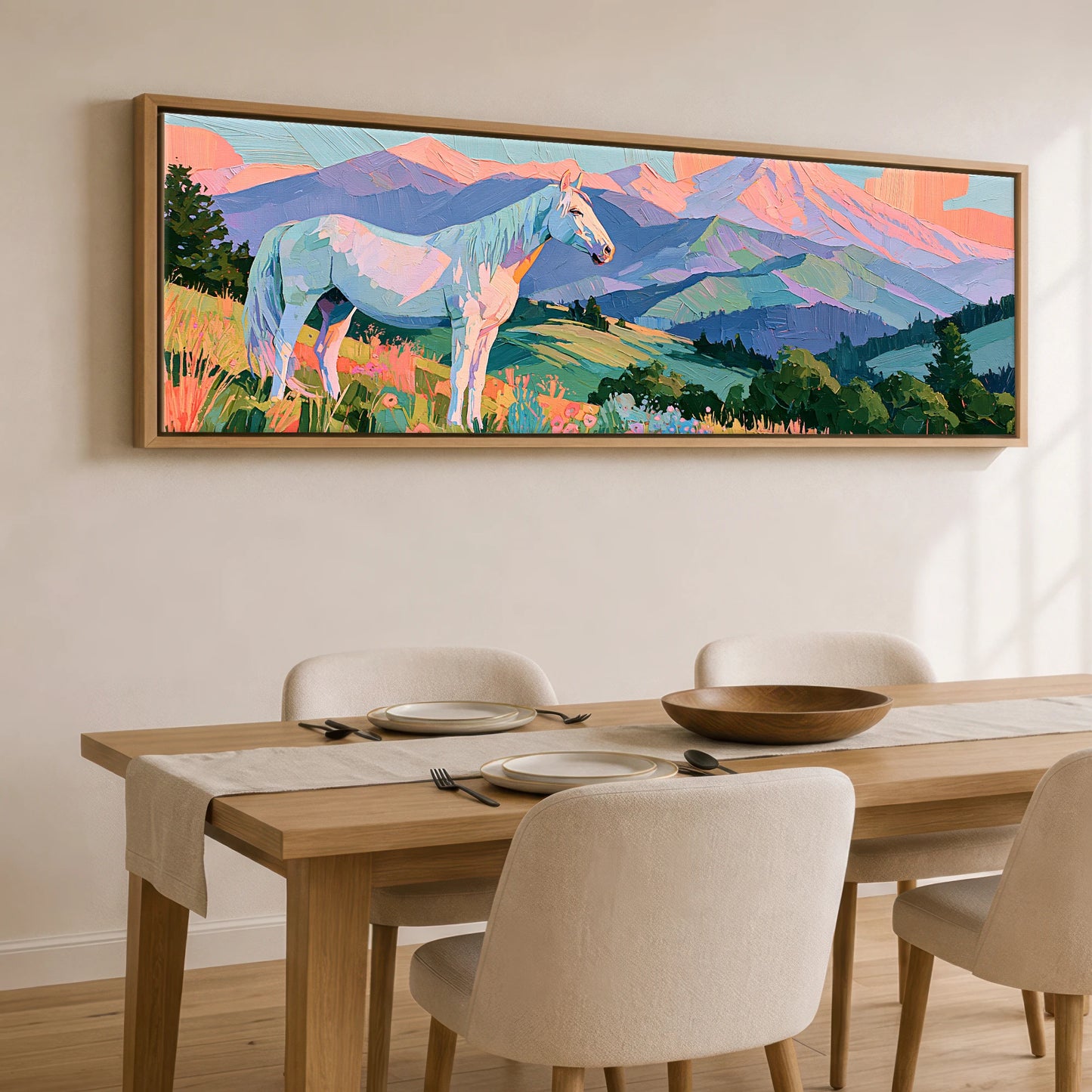 Vibrant Alpine Dawn Horse Landscape panoramic canvas wall art displayed above a dining table