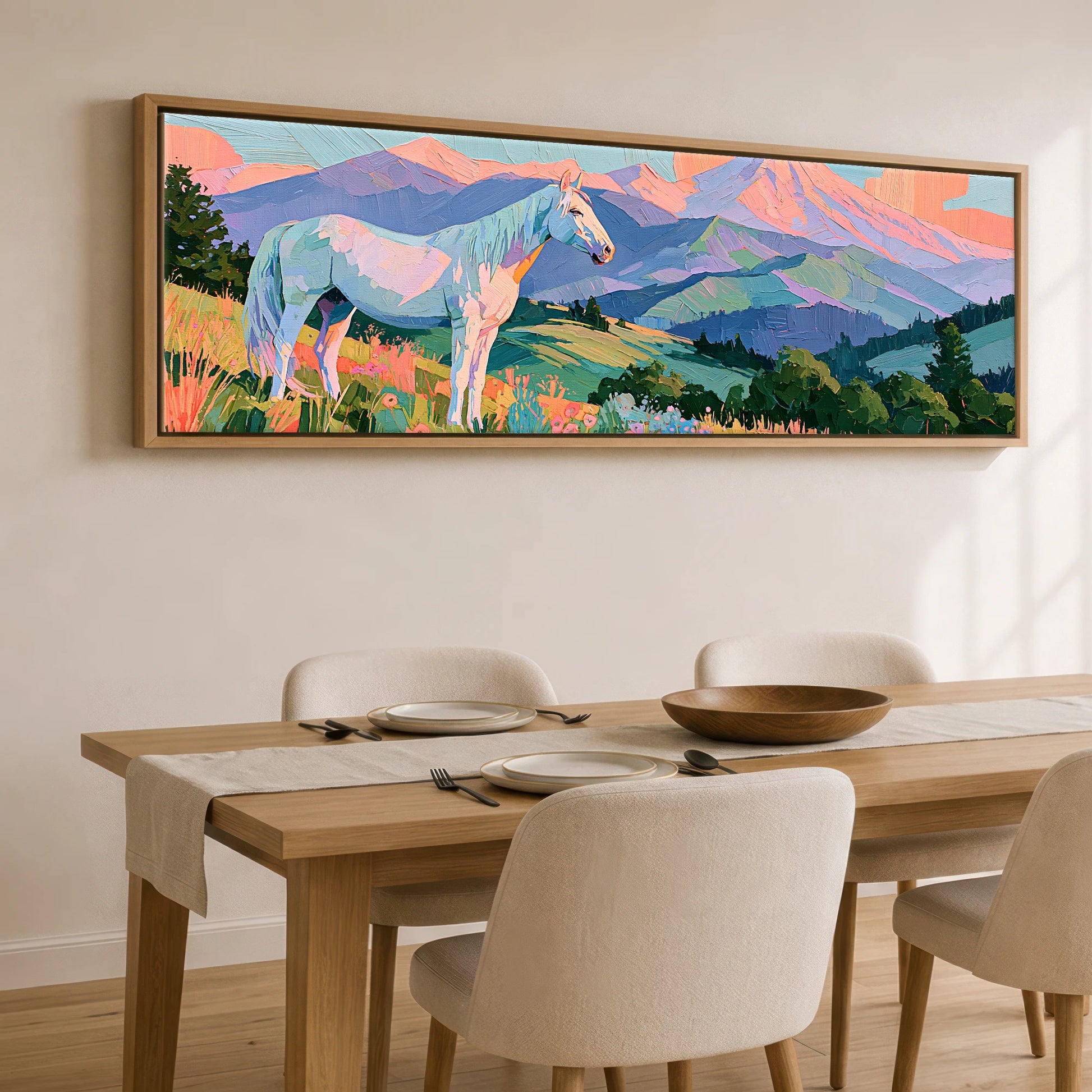 Vibrant Alpine Dawn Horse Landscape panoramic canvas wall art displayed above a dining table