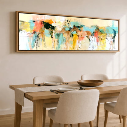 Vibrant Pasture Companions Mare & Foal panoramic canvas wall art displayed above a dining table