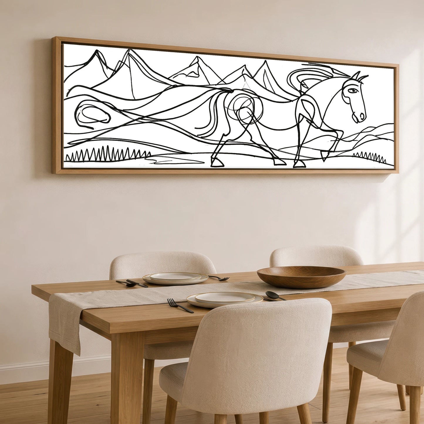 Bold Equine Contours Horse Landscape panoramic canvas wall art displayed above a dining table
