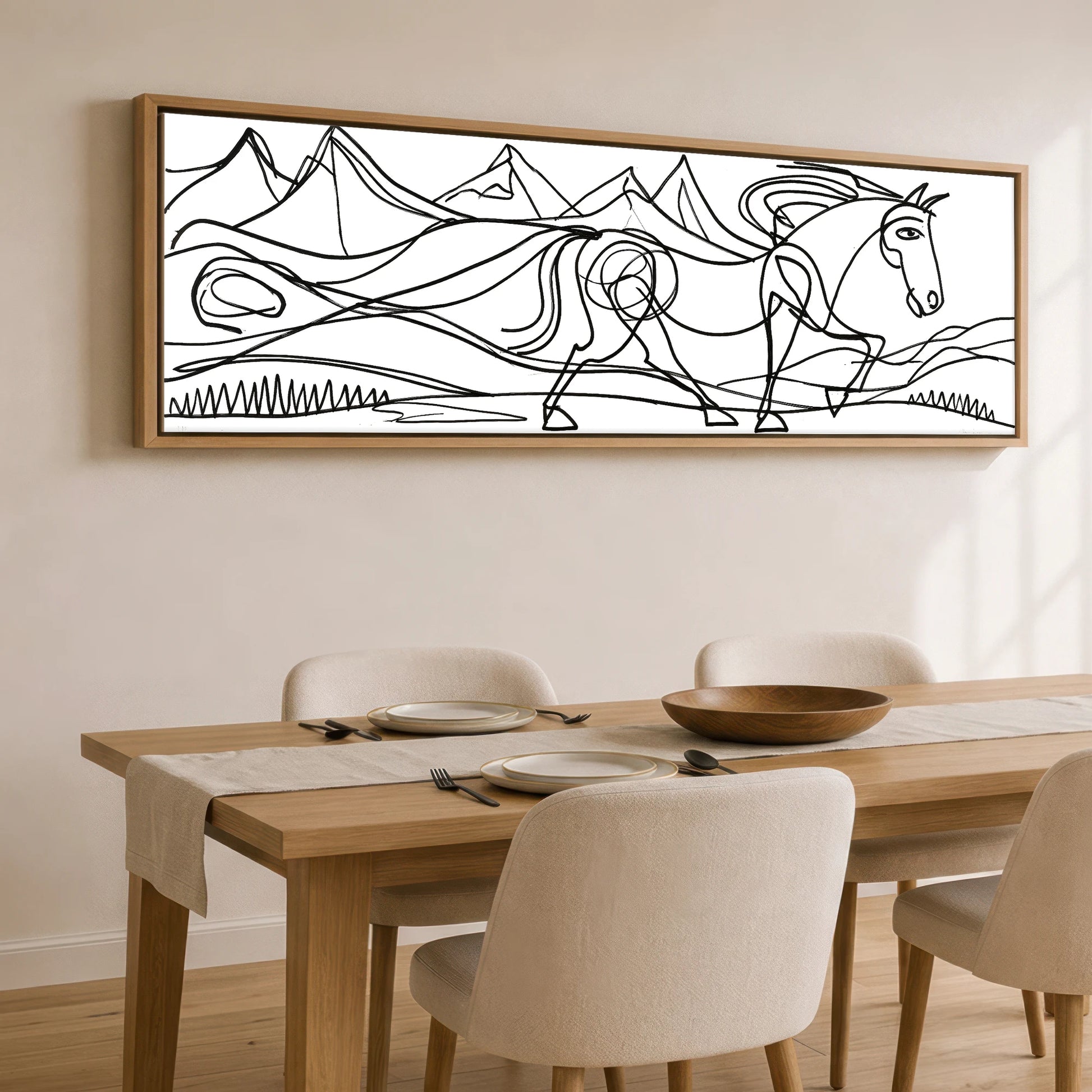 Bold Equine Contours Horse Landscape panoramic canvas wall art displayed above a dining table