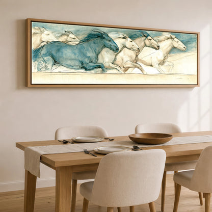 Azure Stride Horse Landscape panoramic canvas wall art displayed above a dining table