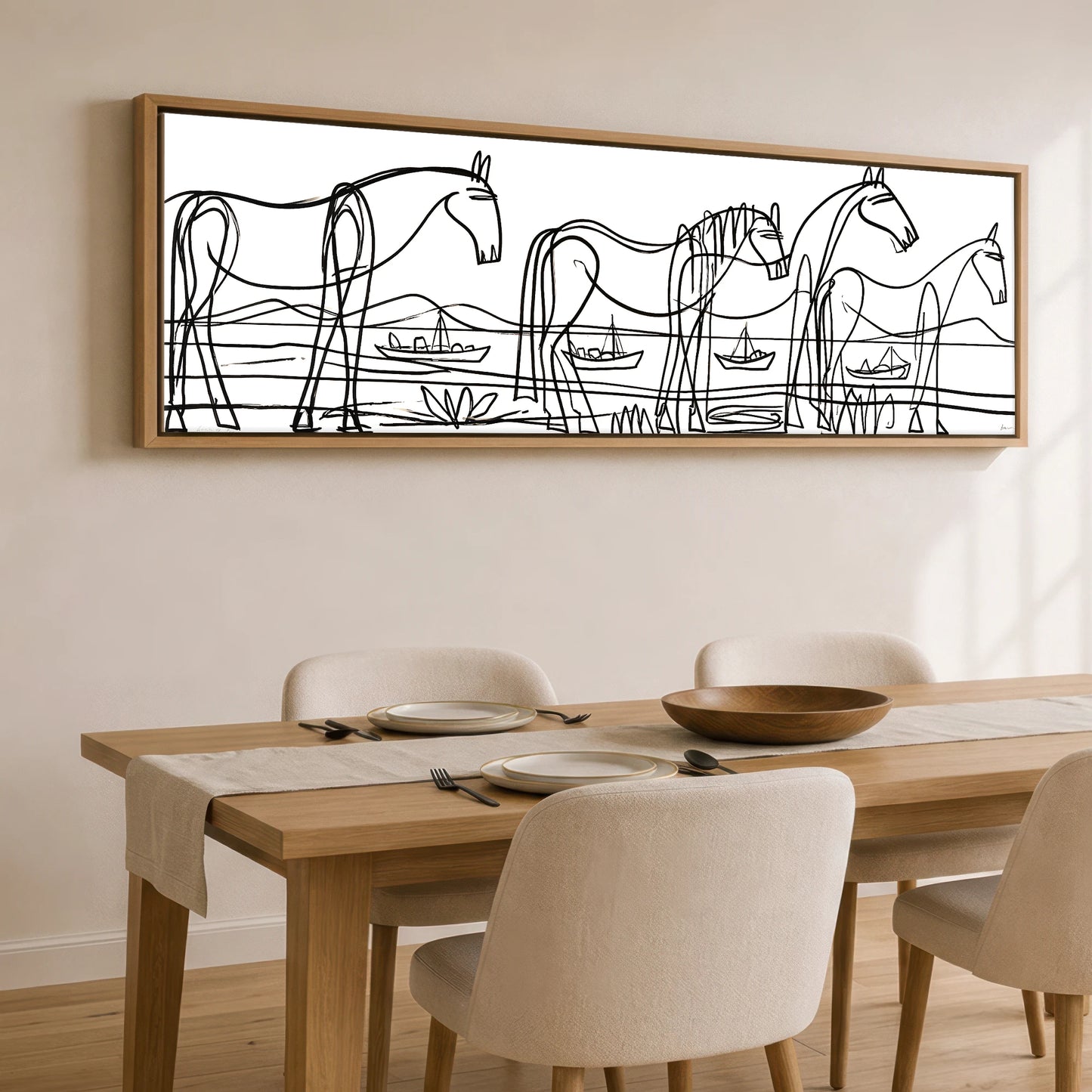 Equine Coastal Rhythm Horse Landscape panoramic canvas wall art displayed above a dining table