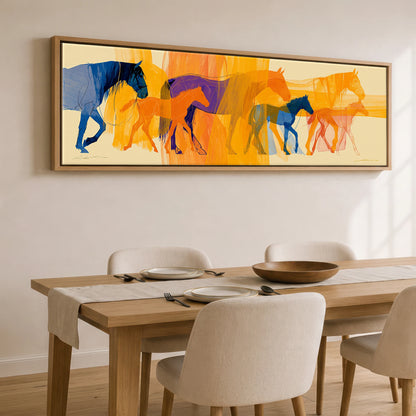Vibrant Generations Mare & Foal panoramic canvas wall art displayed above a dining table