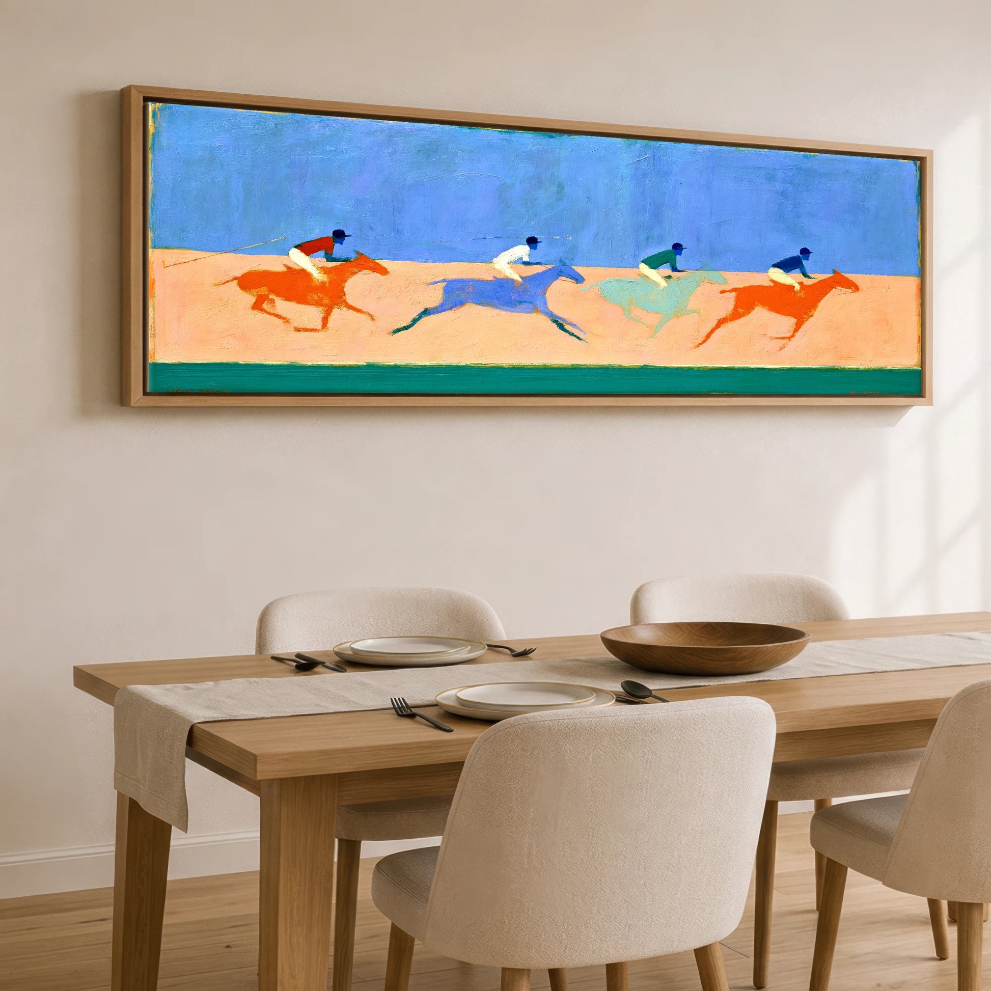Colours of the Chukka Polo Horse panoramic canvas wall art displayed above a dining table
