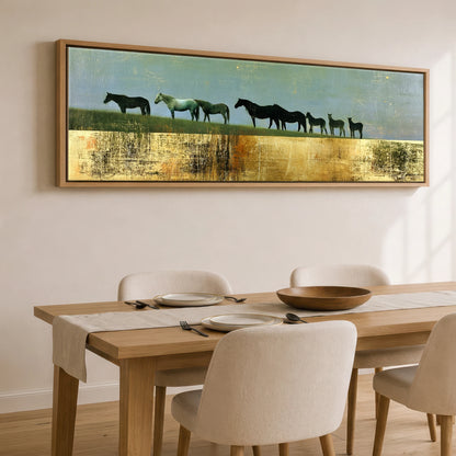 The Gilded Ridge Mare & Foal panoramic canvas wall art displayed above a dining table
