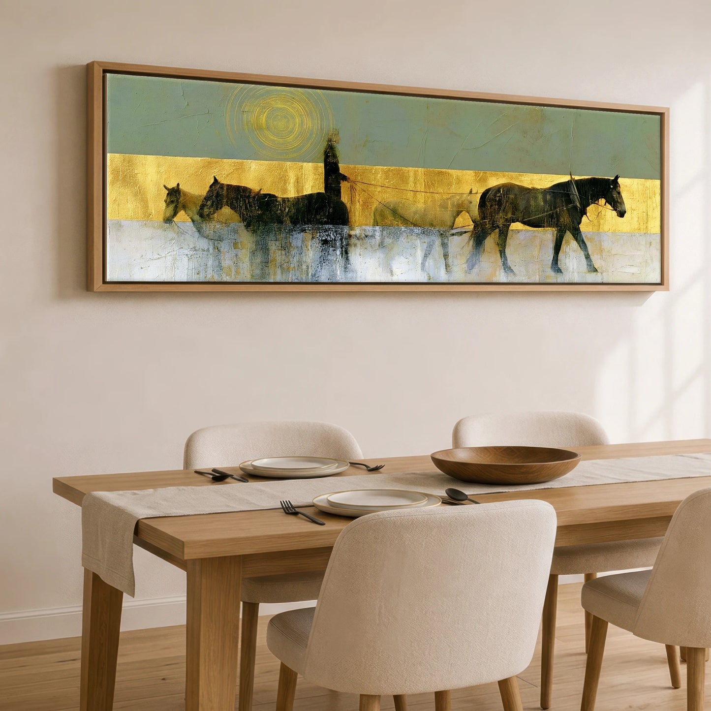 The Gilded String Working Horse panoramic canvas wall art displayed above a dining table