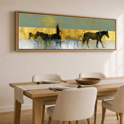 The Gilded String Working Horse panoramic canvas wall art displayed above a dining table