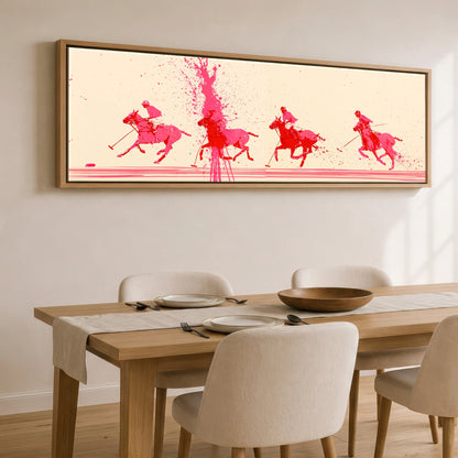 Magenta Polo Rush Polo Horse panoramic canvas wall art displayed above a dining table