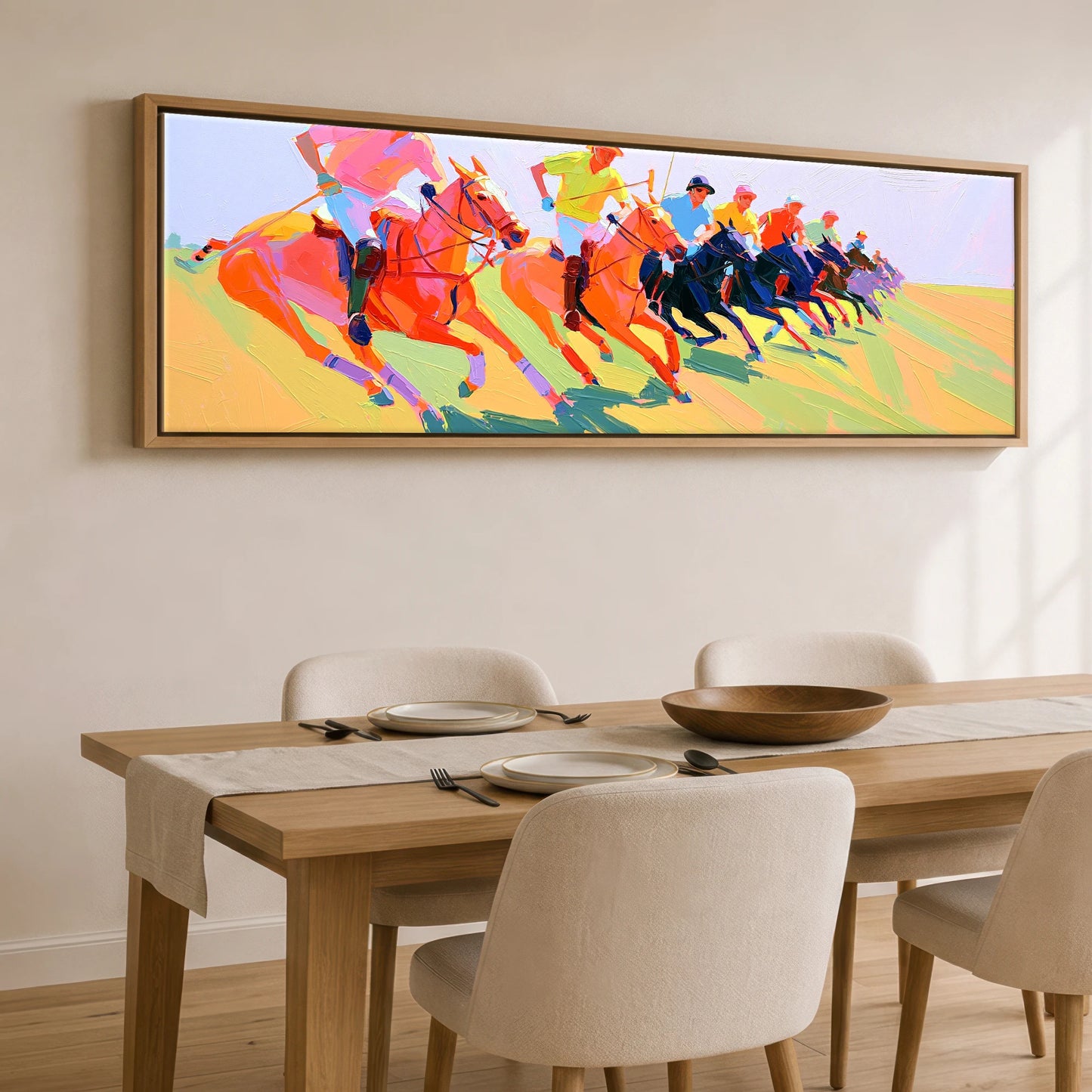 The Polo Charge Polo Horse panoramic canvas wall art displayed above a dining table