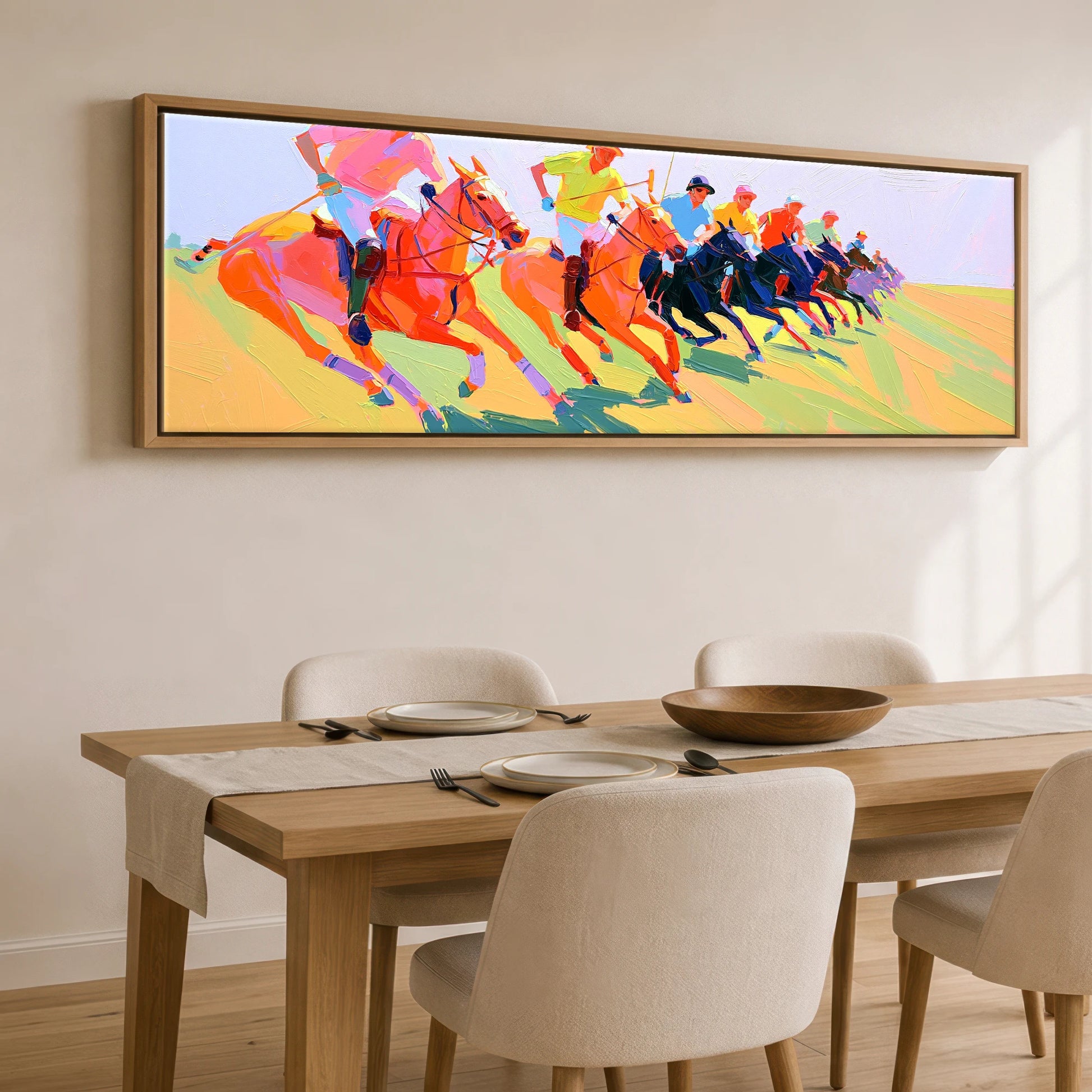 The Polo Charge Polo Horse panoramic canvas wall art displayed above a dining table