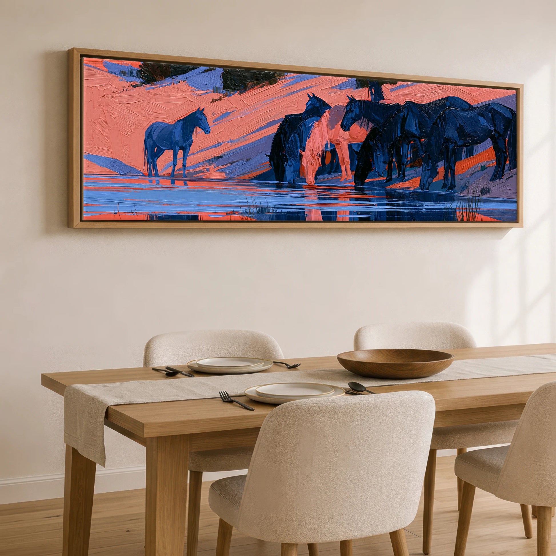 Indigo and Coral Herd Wild Horses panoramic canvas wall art displayed above a dining table