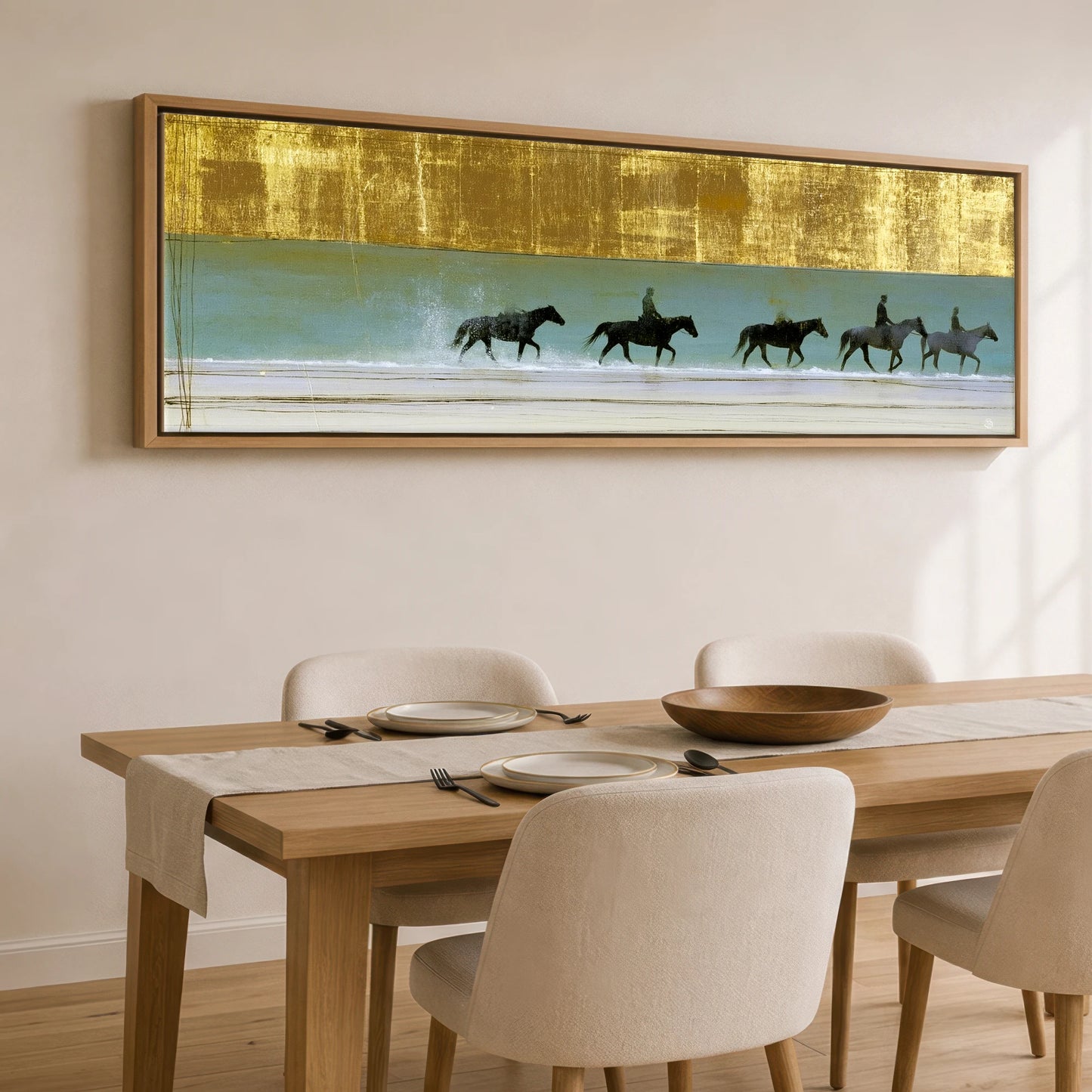 Gilded Shallows Beach Horse panoramic canvas wall art displayed above a dining table