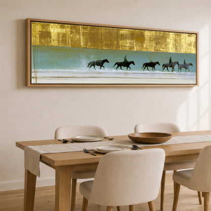 Gilded Shallows Beach Horse panoramic canvas wall art displayed above a dining table