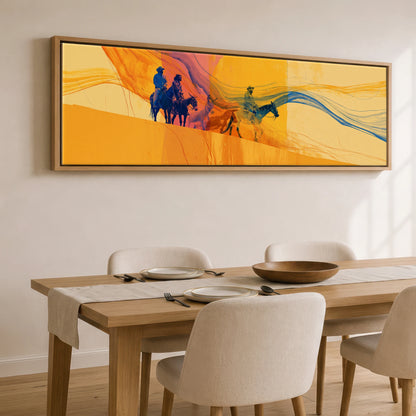 Riding the Horizon Horse & Rider panoramic canvas wall art displayed above a dining table