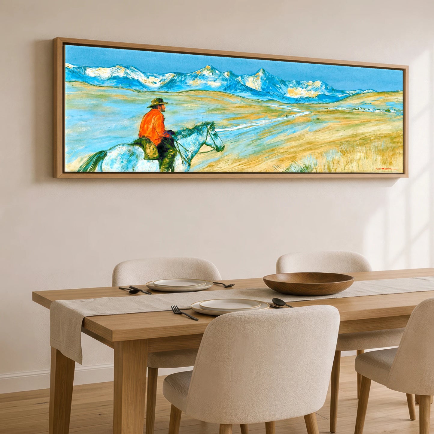 High Country Horizon Horse Landscape panoramic canvas wall art displayed above a dining table