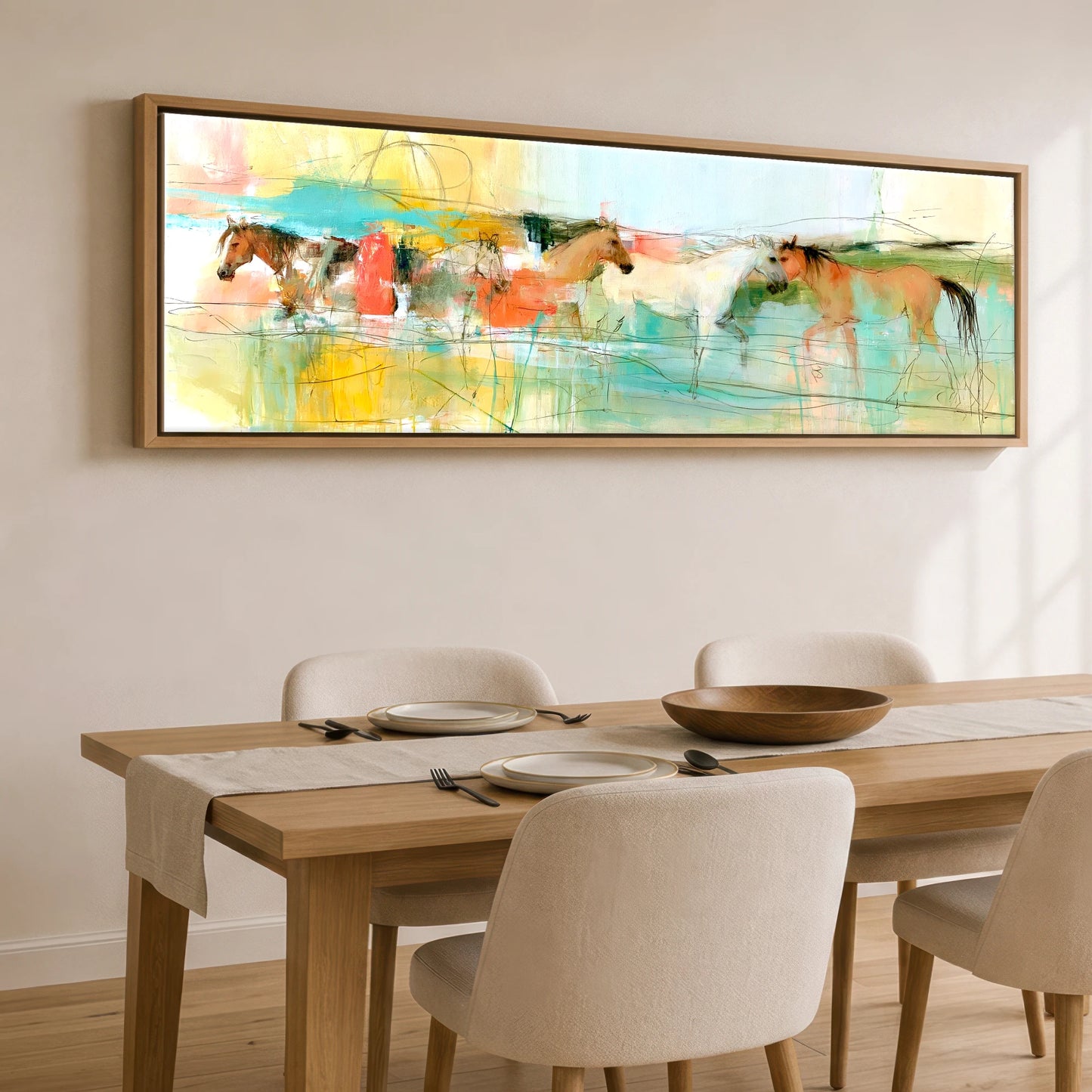 Vibrant Herd Crossing Horse Landscape panoramic canvas wall art displayed above a dining table