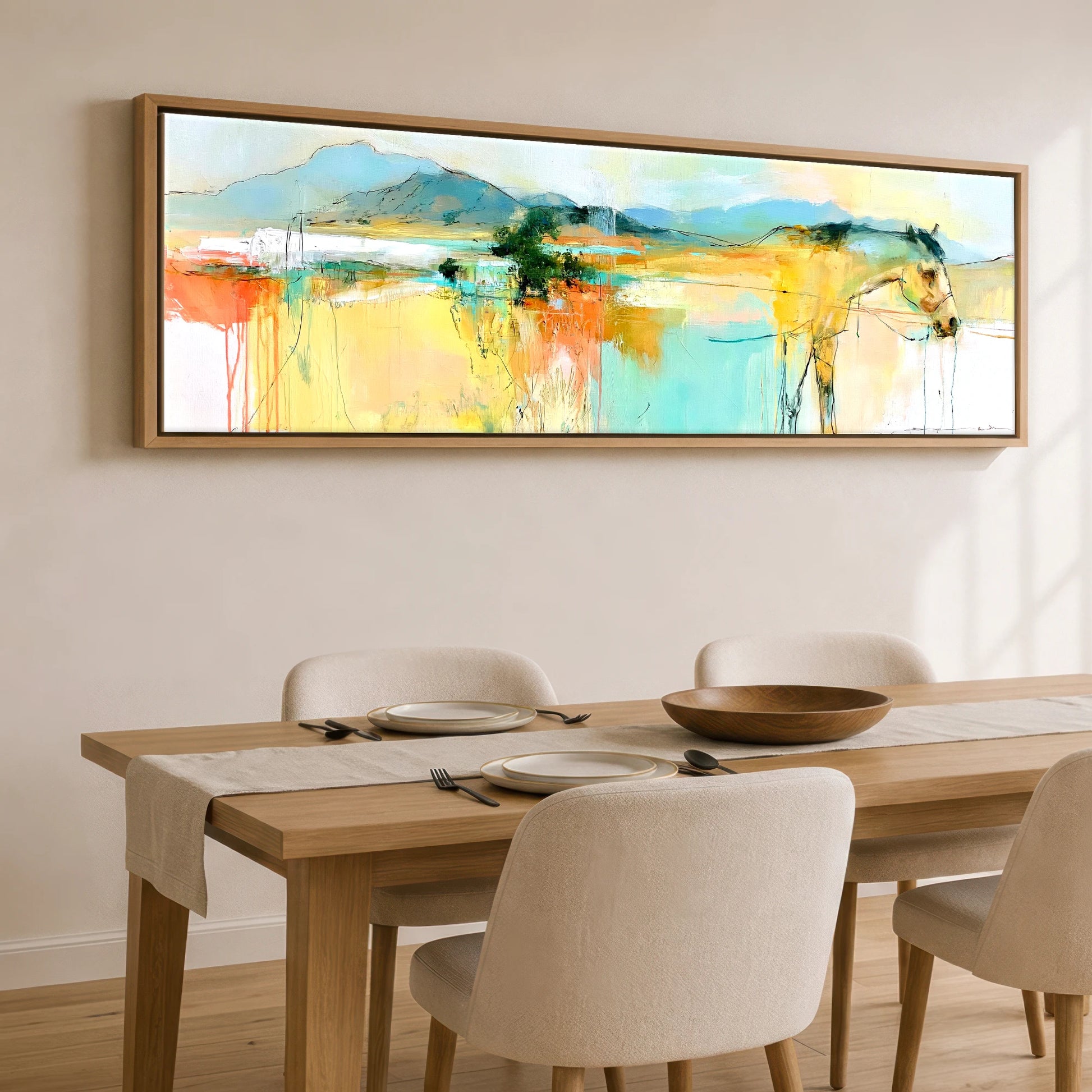 Vibrant Equine Horizon Horse Landscape panoramic canvas wall art displayed above a dining table