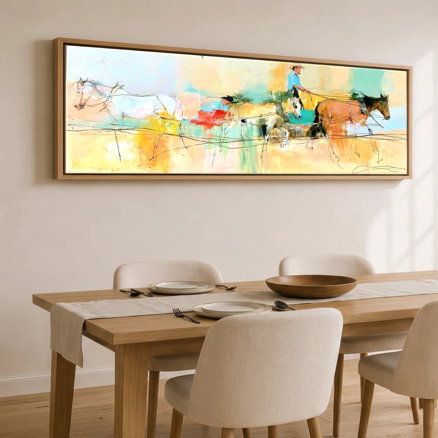 The Painted Drive Working Horse panoramic canvas wall art displayed above a dining table