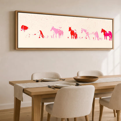 Crimson Ink Procession Horse Landscape panoramic canvas wall art displayed above a dining table