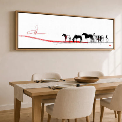 Crimson Horizon Herd Wild Horses panoramic canvas wall art displayed above a dining table