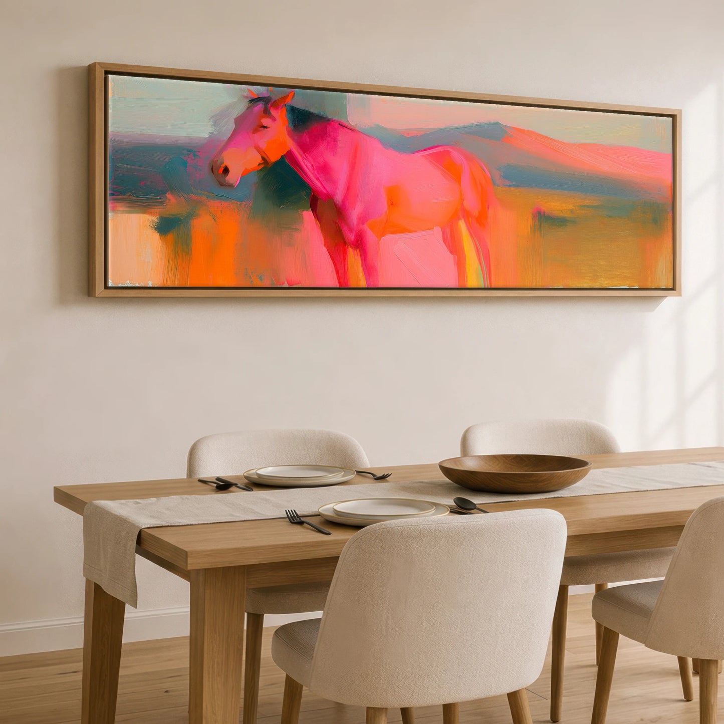 Vibrant Equine Horizon Horse Landscape panoramic canvas wall art displayed above a dining table