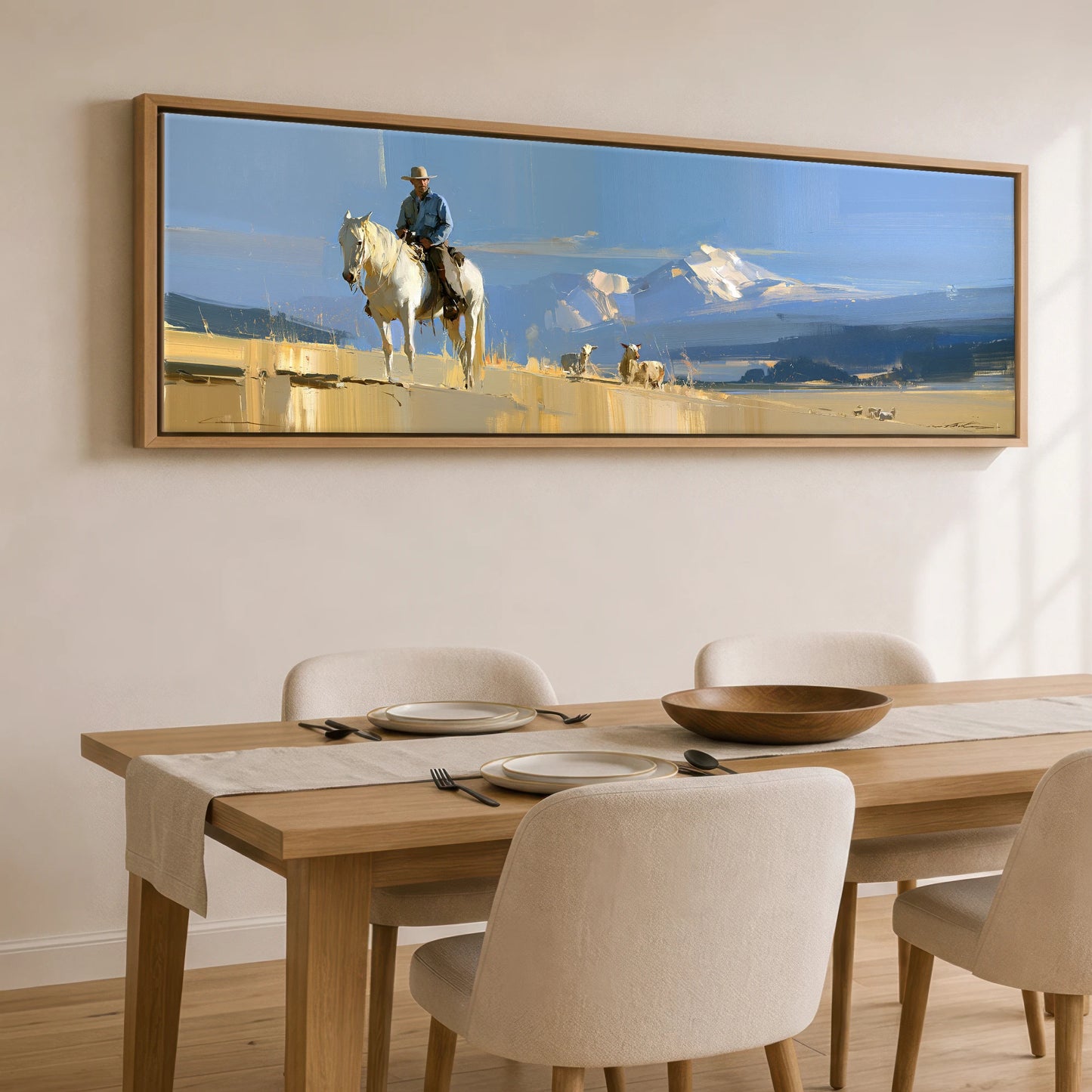 High Country Range Horse Landscape panoramic canvas wall art displayed above a dining table