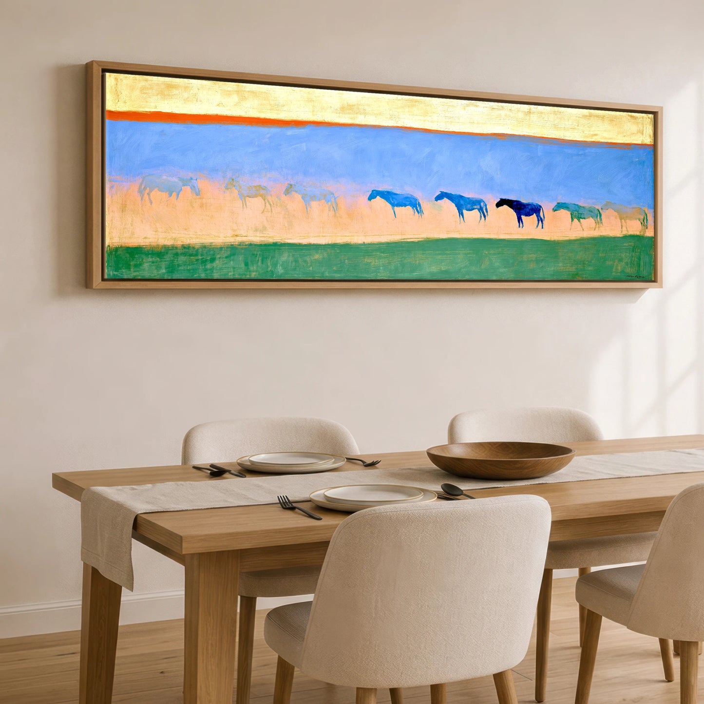 Cobalt Horizon Herd Horse Landscape panoramic canvas wall art displayed above a dining table