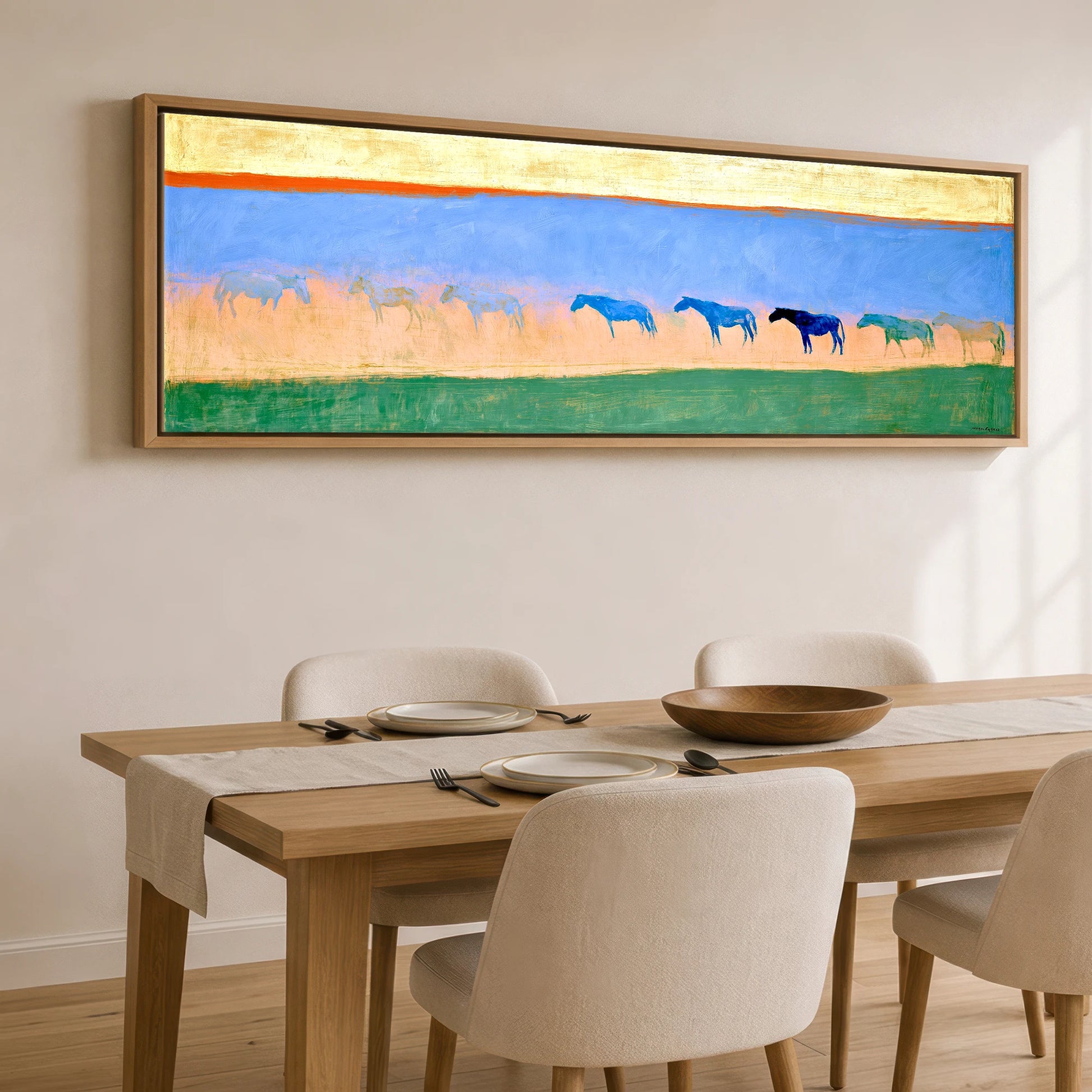 Cobalt Horizon Herd Horse Landscape panoramic canvas wall art displayed above a dining table